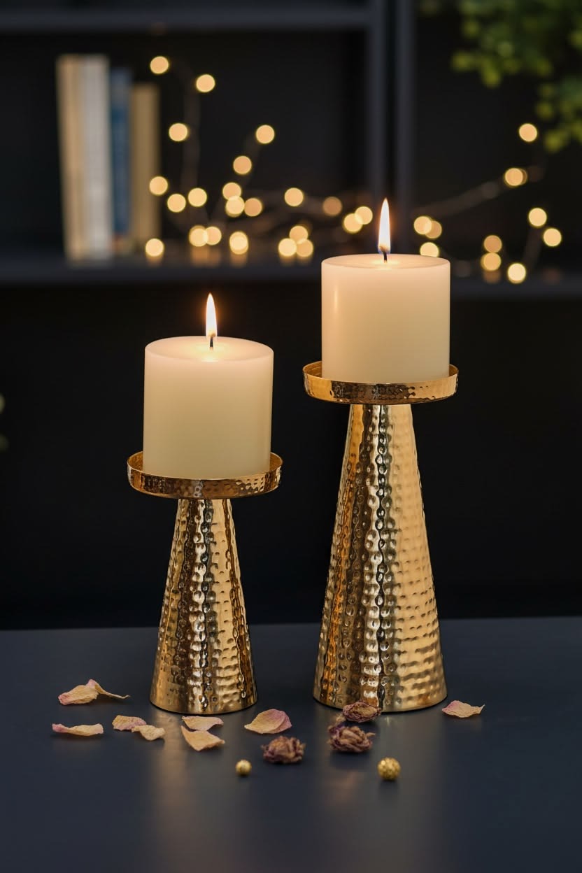 Hammered Brass Conical Pillar Candle Holder Pair AH-188 Moradabad